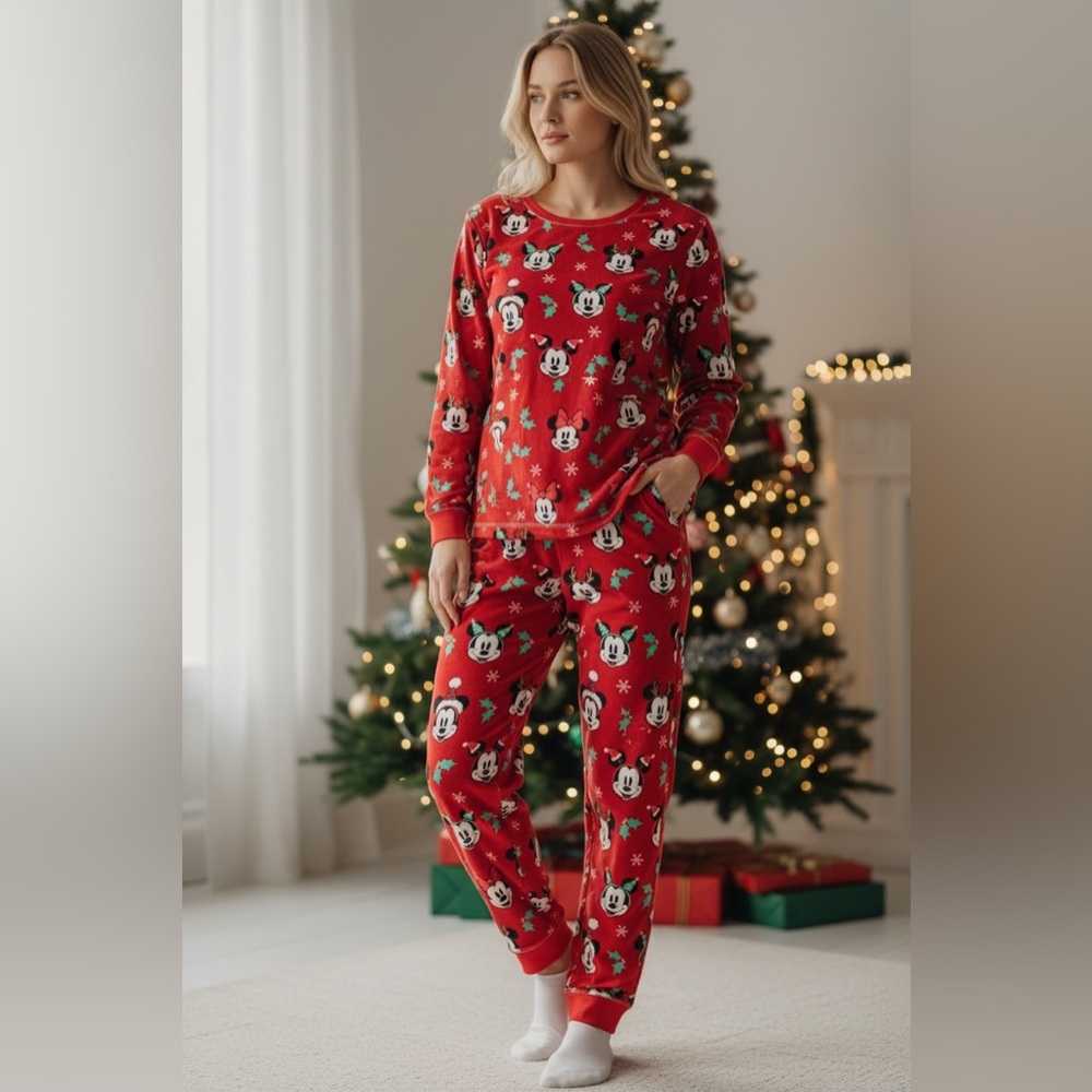 DISNEY Girls Yth XL (16/18) Mickey Mouse Christmas Red Pajama Set PJs Holiday